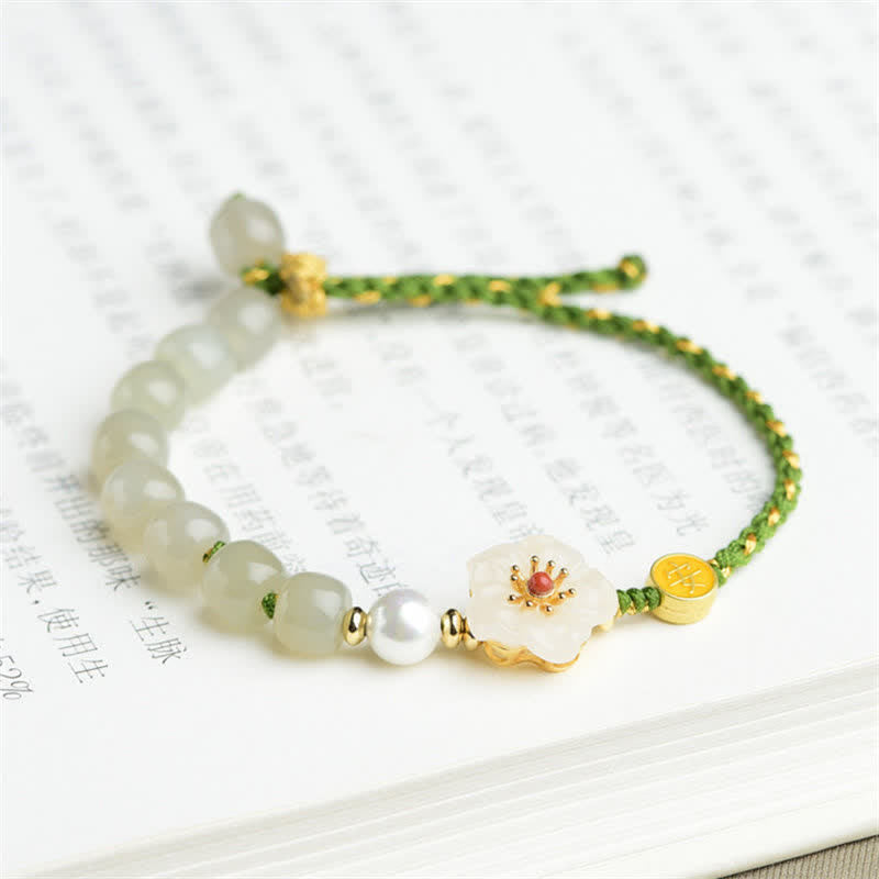 Wear FengShui 925 Sterling Silver Natural Hetian Jade Peach Blossom Luck Bracelet