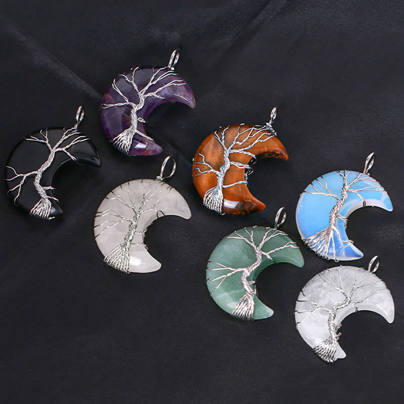 Wear FengShui Natural Quartz Crystal Moon Tree Of Life Healing Energy Necklace Pendant