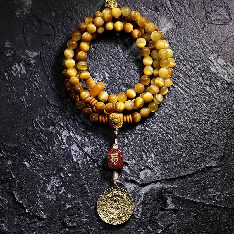 Wear FengShui 108 Mala Beads Natural Tiger Eye Copper Dorje Protection Tassel Bracelet