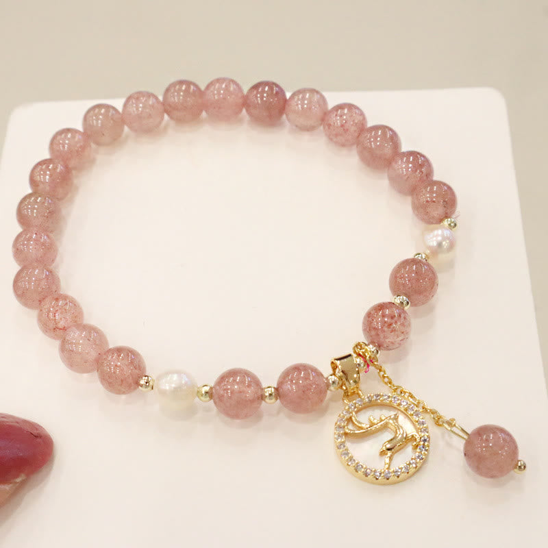 Wear FengShui Strawberry Quartz Pearl Elk Smiley Face Fishtail Fu Character Charm Healing Bracelet