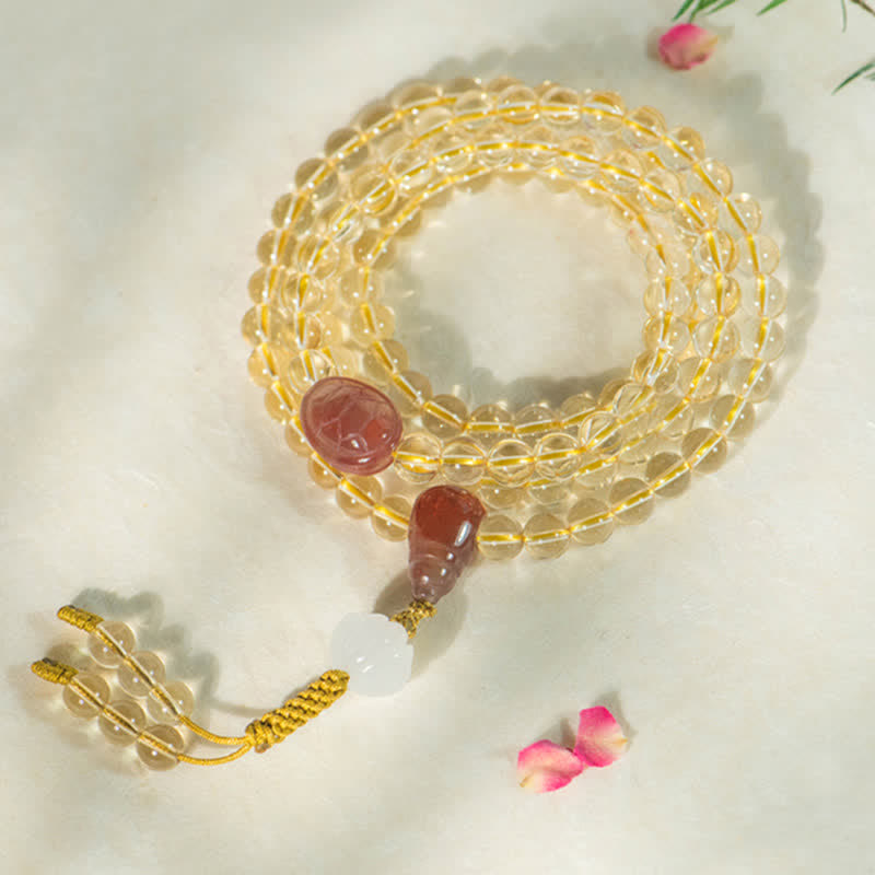 Wear FengShui 108 Mala Beads 925 Sterling Silver Natural Citrine Red Agate White Jade Prosperity Charm Bracelet
