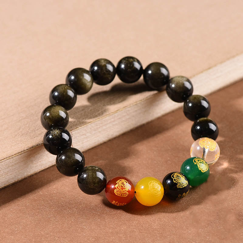 Wear FengShui Gold Sheen Obsidian Rainbow Obsidian Black Obsidian Five Directions Gods of Wealth Bracelet