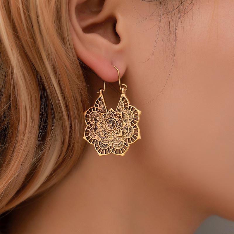 Wear FengShui Tibetan Lotus Engraving Copper Blessing Drop Earrings