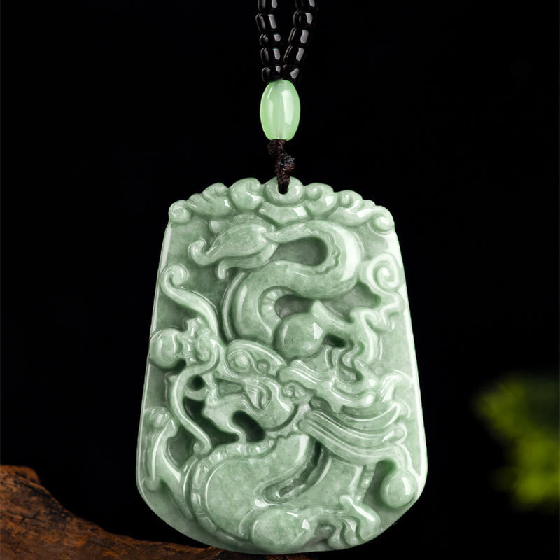 Wear FengShui Year Of The Dragon Chinese Zodiac Dragon Soaring Jade Protection Bead Chain Necklace Pendant