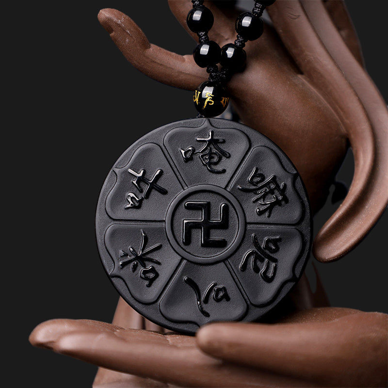 Wear FengShui Natural Black Obsidian Tibetan Om Mani Padme Hum Buddha Swastika Luck Necklace Pendant