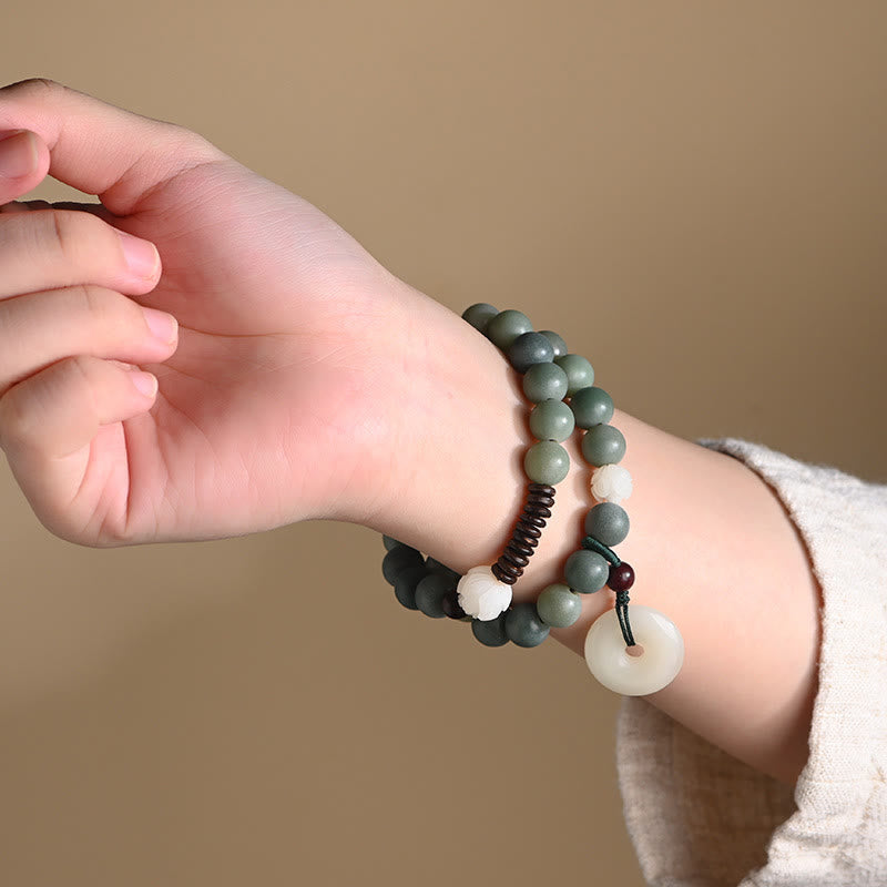 Wear FengShui Cyan Bodhi Seed Lotus Jade Peace Buckle Wisdom Double Wrap Bracelet
