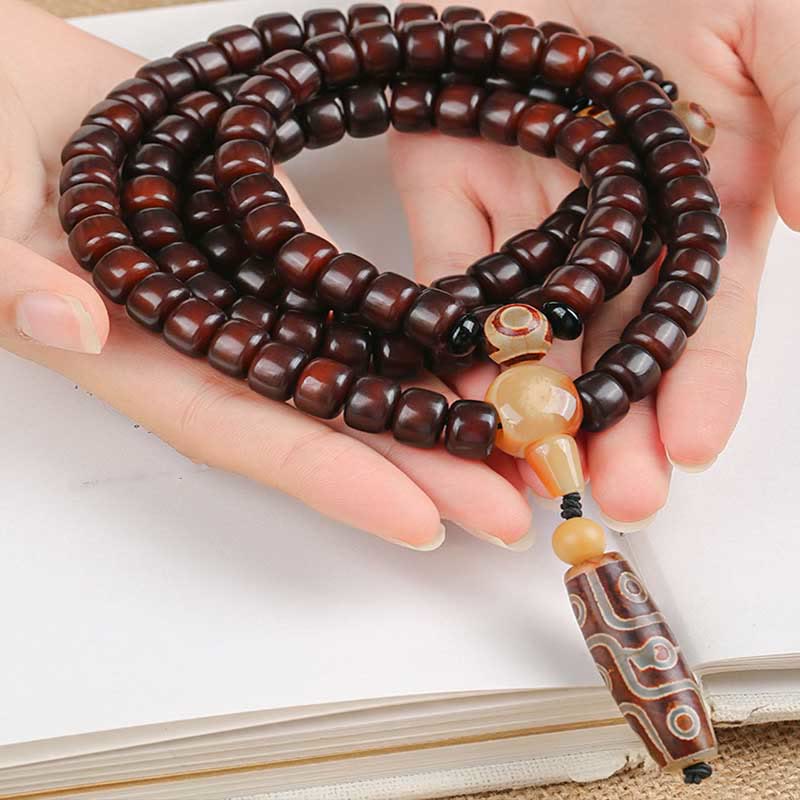 Wear FengShui 108 Mala Beads Three-eyed Dzi Bead Nine-eye Dzi Bead Jade Luck Bracelet