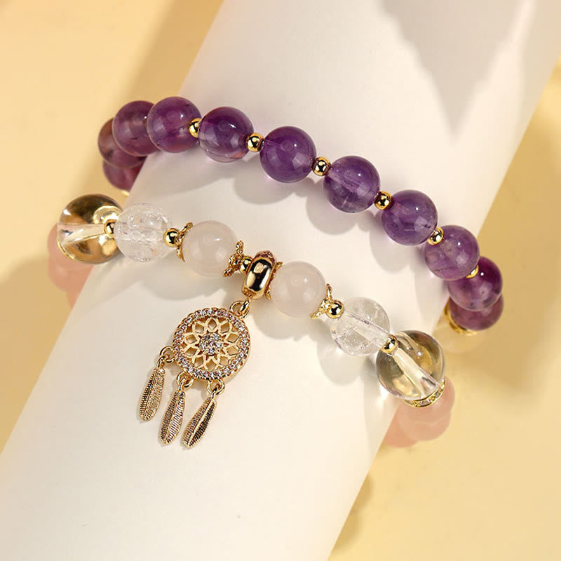 Wear FengShui Green Strawberry Quartz Amethyst Crystal Dreamcatcher Healing Bracelet