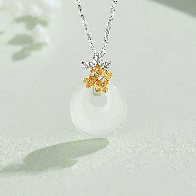 Wear FengShui 925 Sterling Silver Round Chalcedony Twelve Months Flower Harmony Necklace Pendant