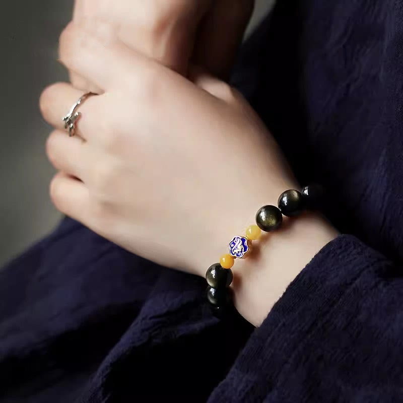 Wear FengShui 925 Sterling Silver Chinese Zodiac Natal Buddha Natural Gold Sheen Obsidian Amber Wealth Protection Bracelet