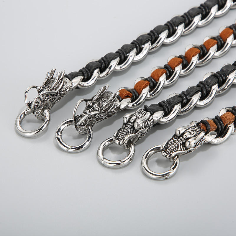 Wear FengShui Dragon Leather Titanium Steel Protection Luck Braided Bracelet