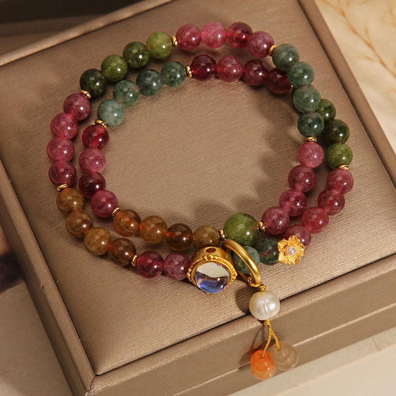 Wear FengShui Multicolored Tourmaline Positive Double Wrap Gourd Charm Bracelet