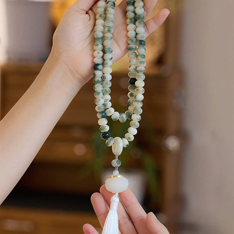 Wear FengShui Natural 108 Mala Beads Bodhi Seed Lotus Engraved Wisdom Tassel Bracelet