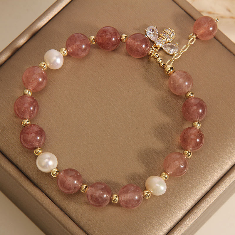 Wear FengShui Strawberry Quartz Pearl Cute Zircon Honeybee Positive Charm Bracelet