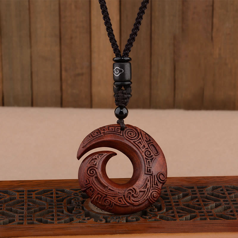 Wear FengShui Small Leaf Red Sandalwood Ebony Wood One's Luck Improves Design Patern Protection Necklace Pendant