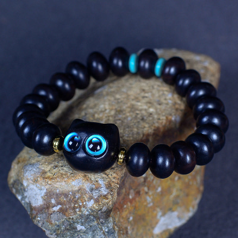 Wear FengShui Ebony Wood Liuli Glass Lovely Cat Peace Balance Bracelet