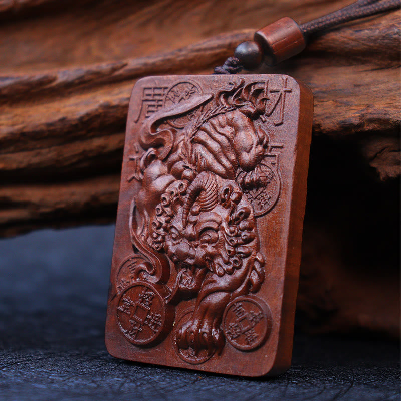 Wear FengShui Natural Lightning Struck Jujube Wood PiXiu Copper Coin Good Fortune Necklace Pendant