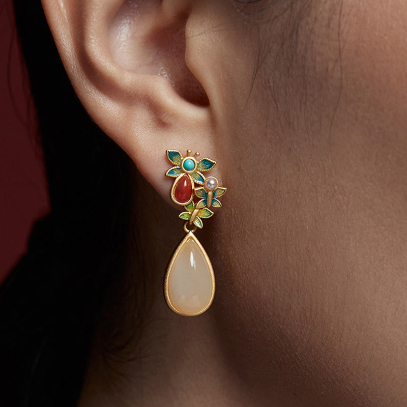 Wear FengShui Water Drop White Jade Red Agate Butterfly Protection Drop Dangle Earrings