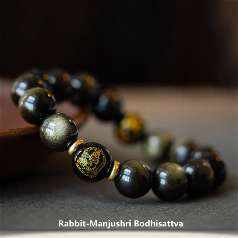 Wear FengShui Chinese Zodiac Natal Buddha Gold Sheen Obsidian Wealth Protection Bracelet