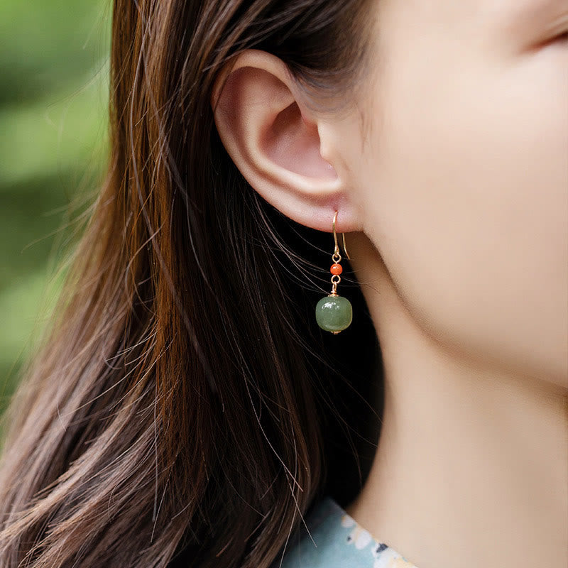 Wear FengShui 925 Sterling Silver Plated 14k Gold Hetian Jade Red Agate Luck Drop Dangle Earrings