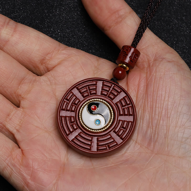 Wear FengShui Natural Cinnabar Bagua Rotatable Yin Yang Keep Away Evil Spirits Necklace Pendant
