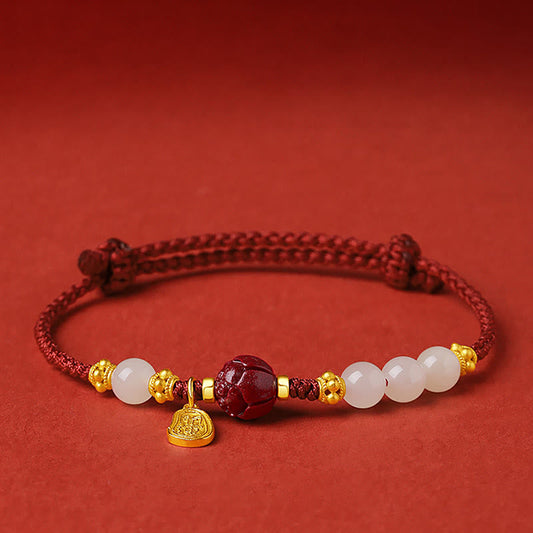 Wear FengShui 24K Gold Plated Hetian White Jade Cinnabar Lotus Luck Rope Bracelet