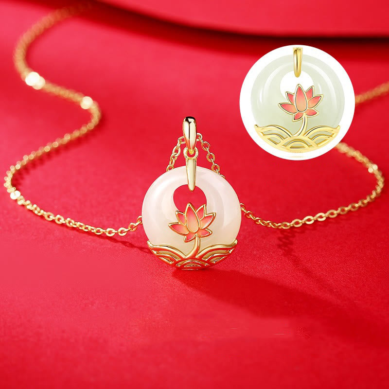 Wear FengShui 925 Sterling Silver Hetian White Jade Lotus Flower Blessing Necklace Pendant