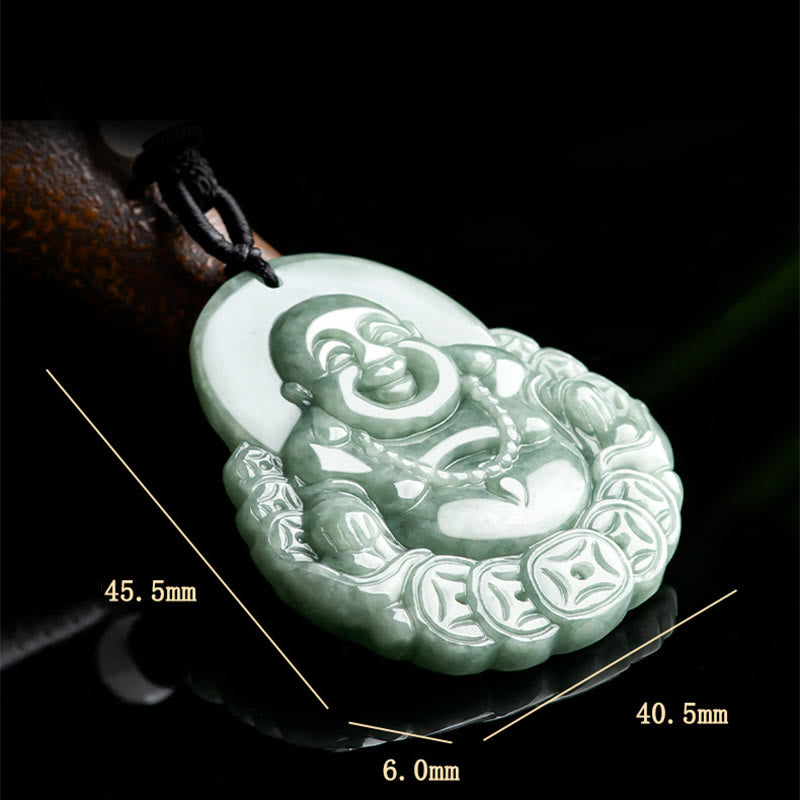 Wear FengShui Laughing Buddha Natural Jade Copper Coin Abundance Necklace Pendant