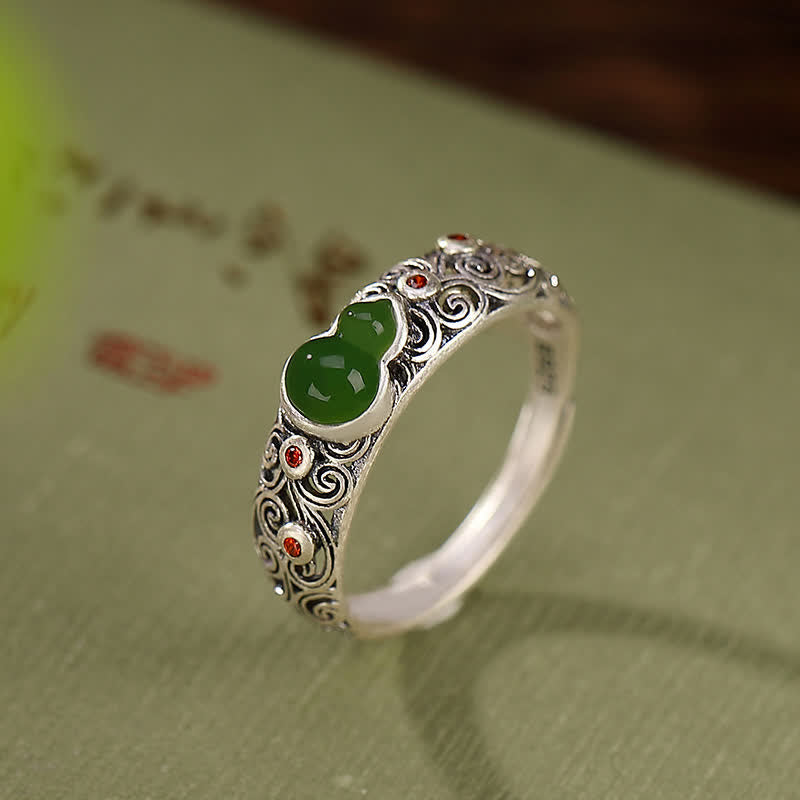 Wear FengShui 925 Sterling Silver Red Agate Cyan Jade Gourd Blessing Auspicious Ring