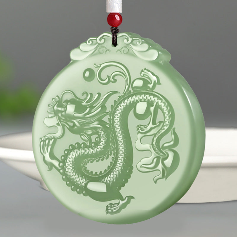 Wear FengShui Chinese Zodiac Dragon Jade Luck Necklace String Pendant