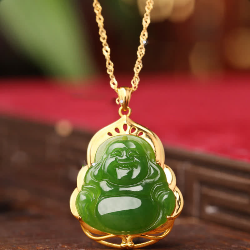 Wear FengShui 925 Sterling Silver Natural Hetian Cyan Jade Laughing Buddha 18K Gold Healing Necklace Chain Pendant