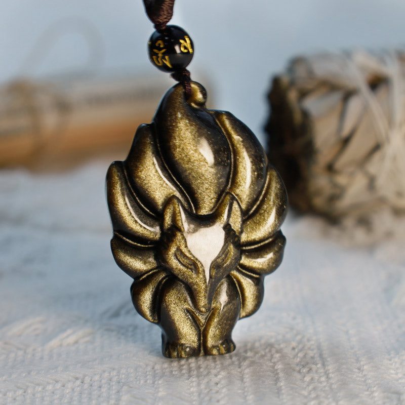 Wear FengShui Natural Rainbow Obsidian Gold Sheen Obsidian Nine Tailed Fox Positive Necklace Pendant