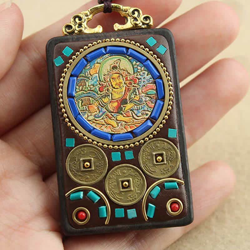 Wear FengShui Tibet God of Wealth Thangka Ebony Peace Necklace Pendant