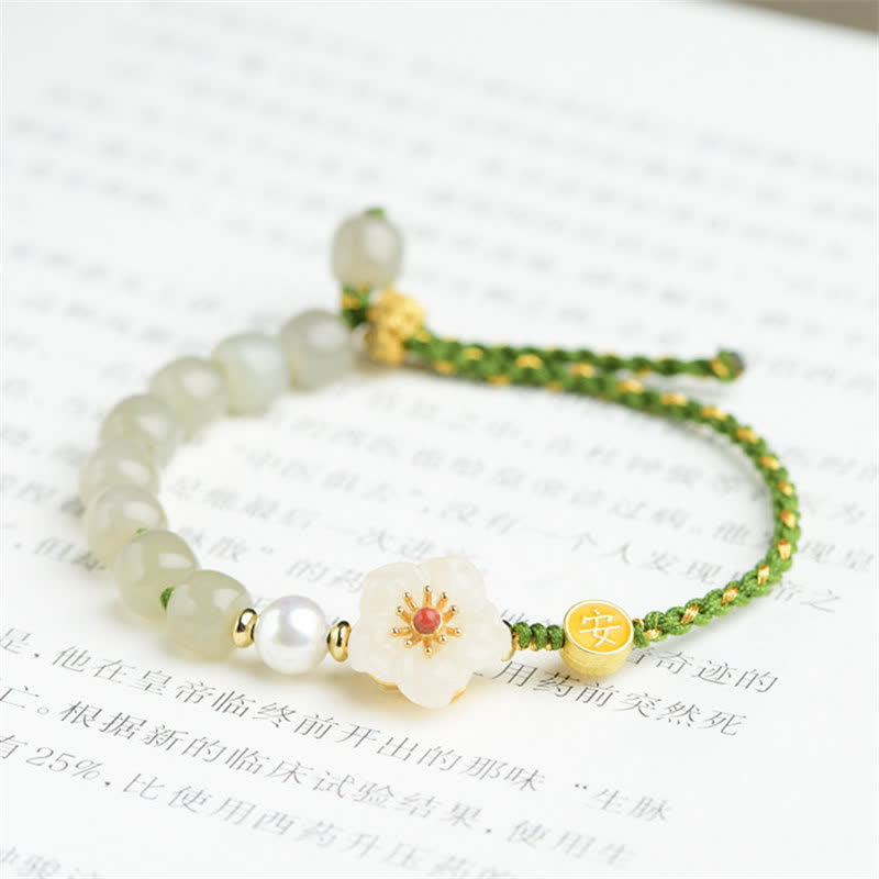 Wear FengShui 925 Sterling Silver Natural Hetian Jade Peach Blossom Luck Bracelet