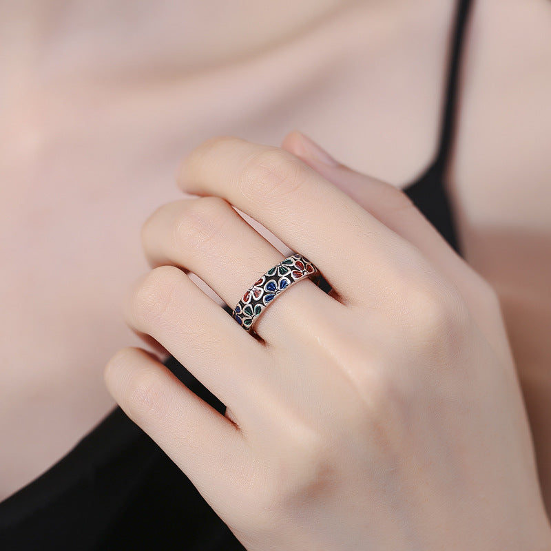 Wear FengShui Colorful Plum Blossoms Design Healing Copper Adjustable Ring