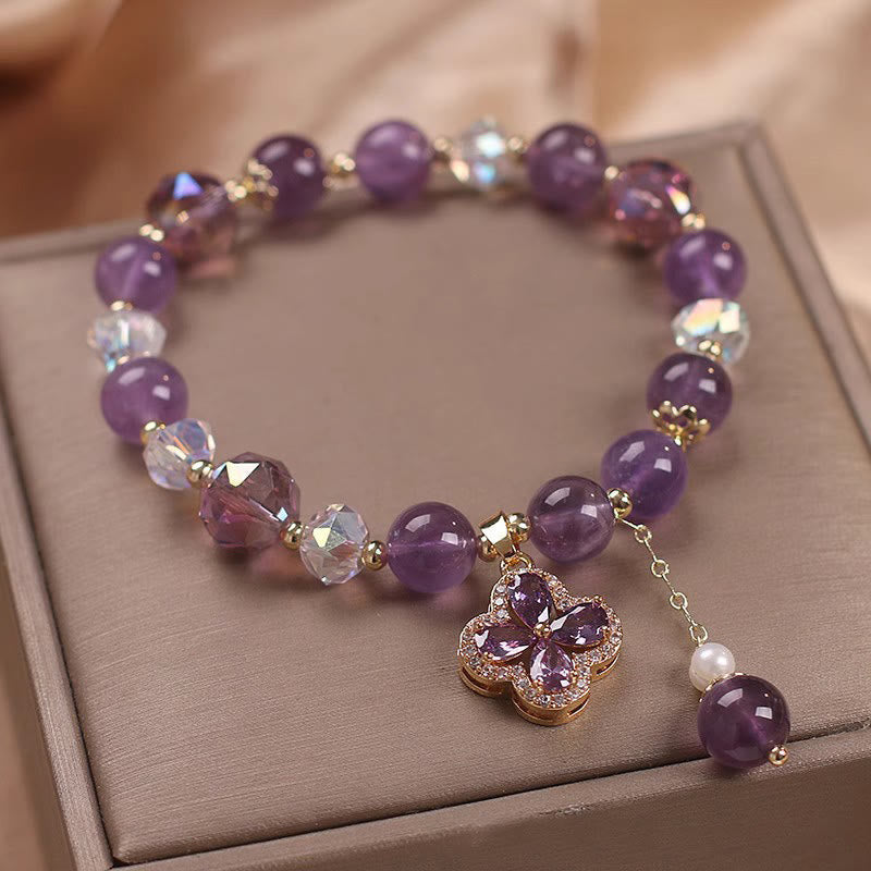 Wear FengShui Natural Amethyst Crystal Four Leaf Clover Spiritual Healing Bracelet
