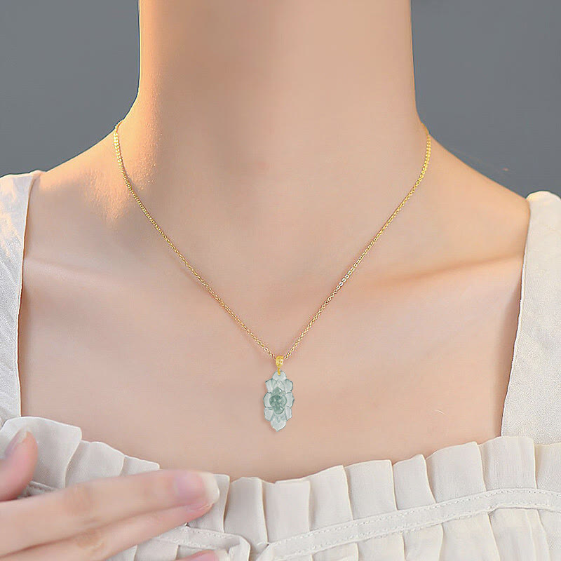 Wear FengShui Natural Jade Lotus Pattern Prosperity Titanium Steel Chain Necklace Pendant