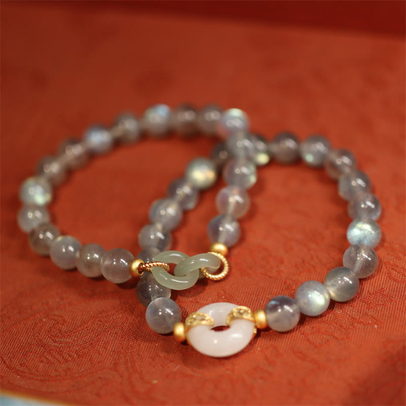 Wear FengShui Natural Moonstone Heitan Jade Peace Buckle Healing Bracelet