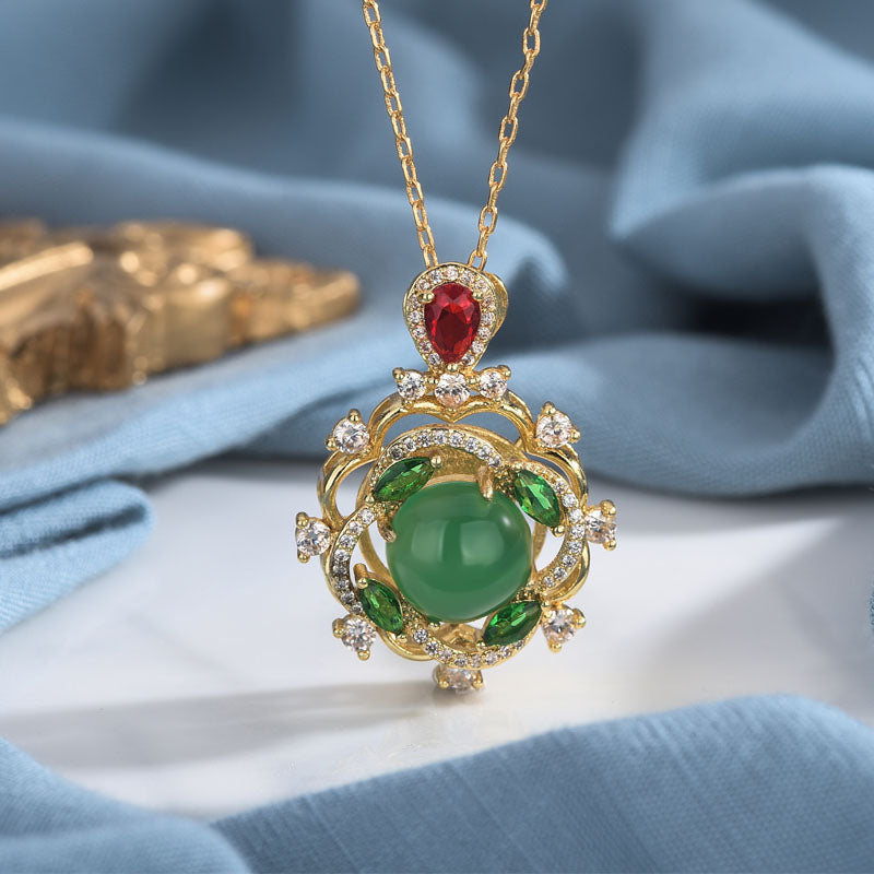 Wear FengShui Cyan Jade Red Crystal Luck Necklace