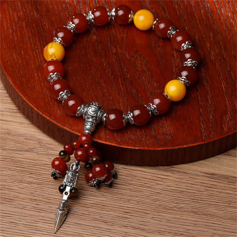 Wear FengShui Natural Tiger Eye Red Agate Dragon Vein Agate Stone Vajra Dorje Power Healing Bracelet Car Decoration