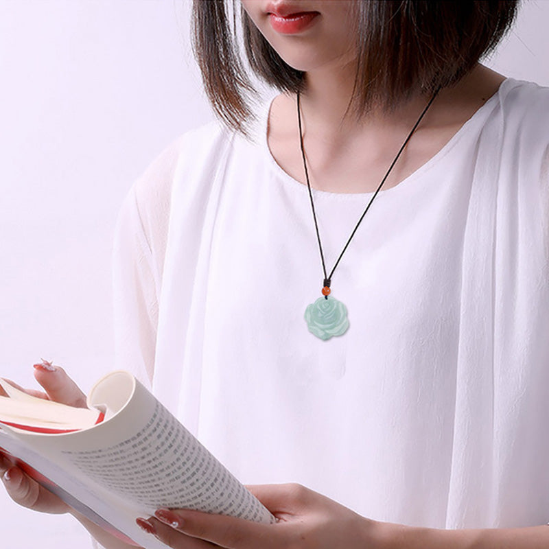Wear FengShui Lotus Pattern Jade Abundance Prosperity Necklace String Pendant