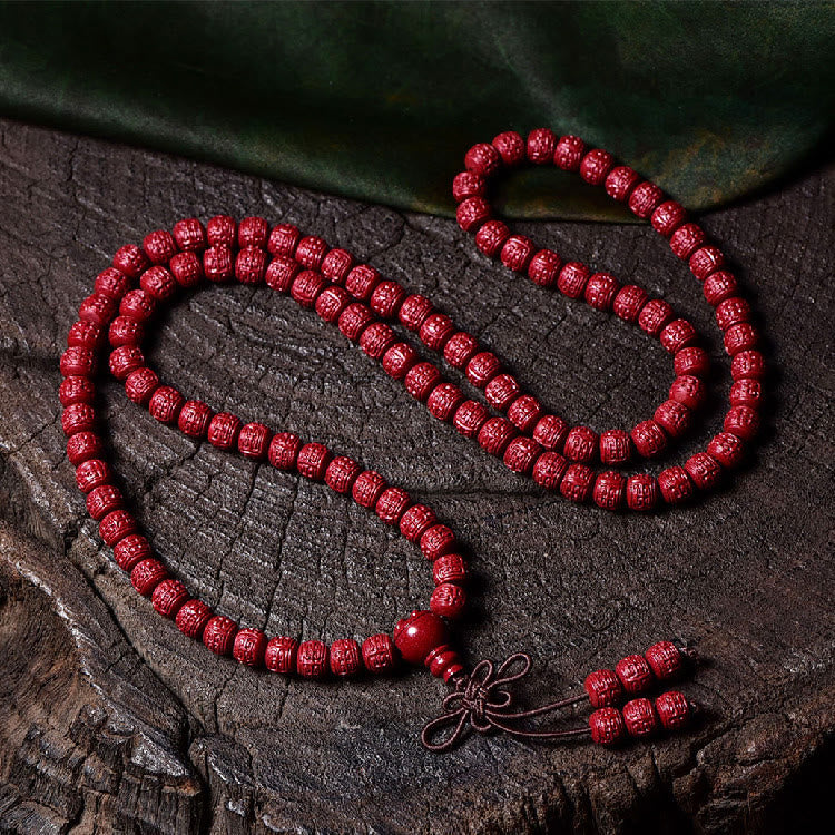 Wear FengShui 108 Mala Beads Cinnabar Om Mani Padme Hum Pattern Engraved Blessing Bracelet