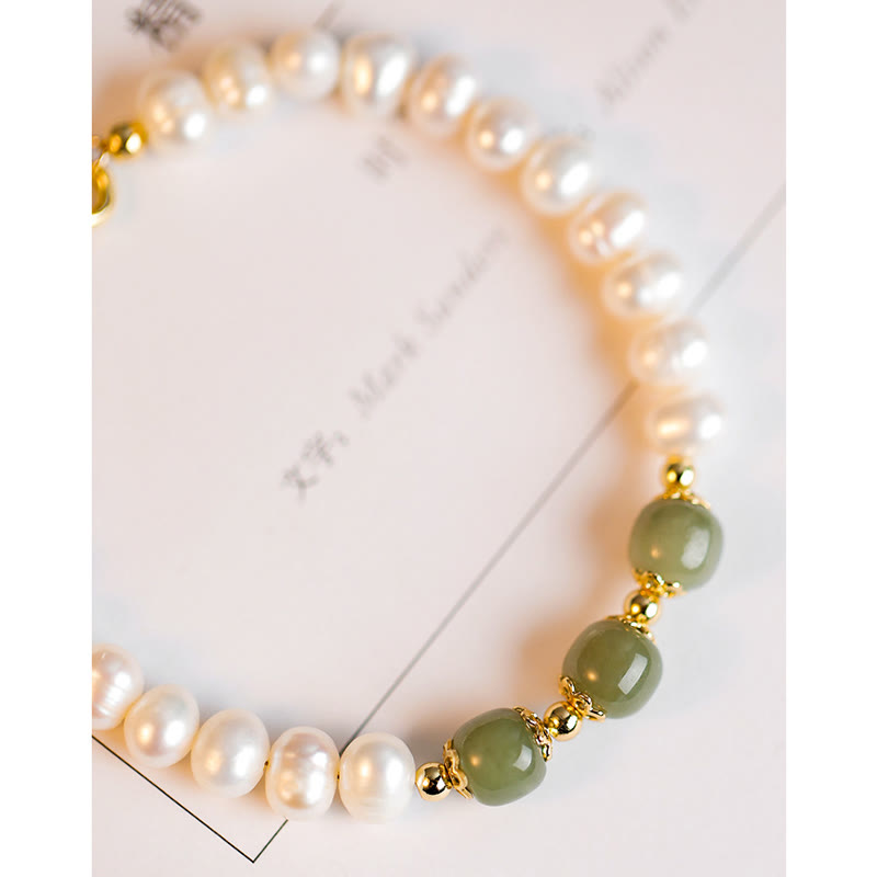 Wear FengShui 14K Gold Plated Natural Pearl Hetian Cyan Jade White Jade Sincerity Bead Chain Bracelet