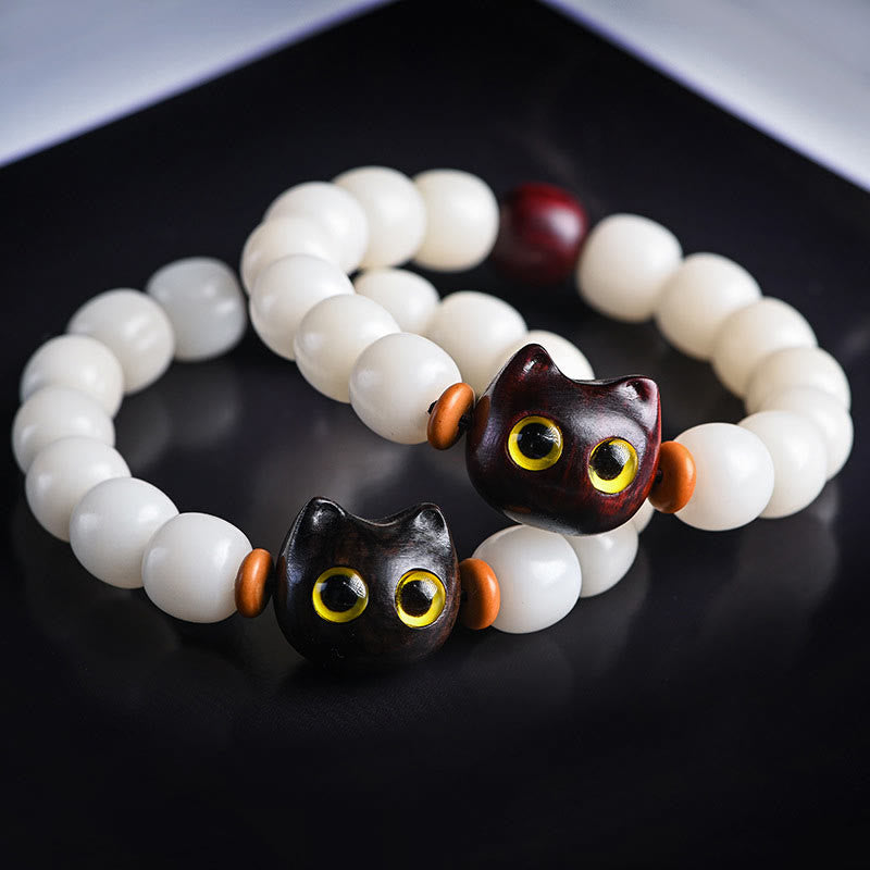Wear FengShui Natural Bodhi Seed Small Leaf Red Sandalwood Ebony Wood Cute Lucky Cat Wisdom Bracelet