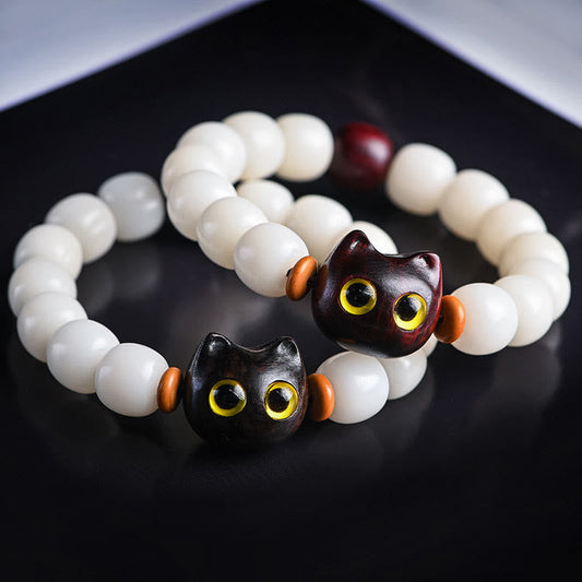 Wear FengShui Natural Bodhi Seed Small Leaf Red Sandalwood Ebony Wood Cute Lucky Cat Wisdom Bracelet
