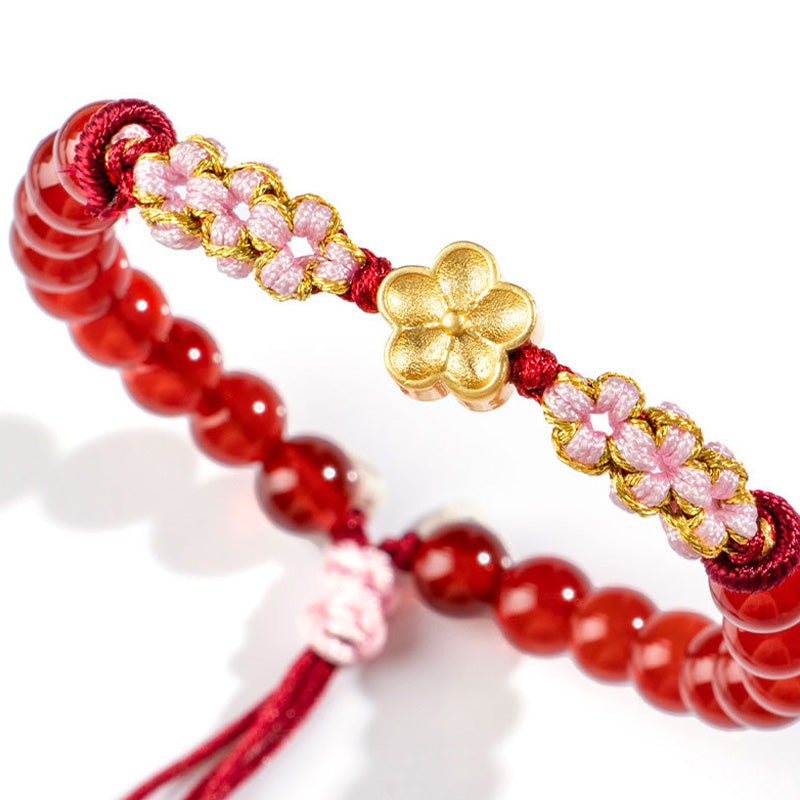 Wear FengShui 999 Sterling Silver Natural Red Agate Pink Crystal Cherry blossom Bracelet
