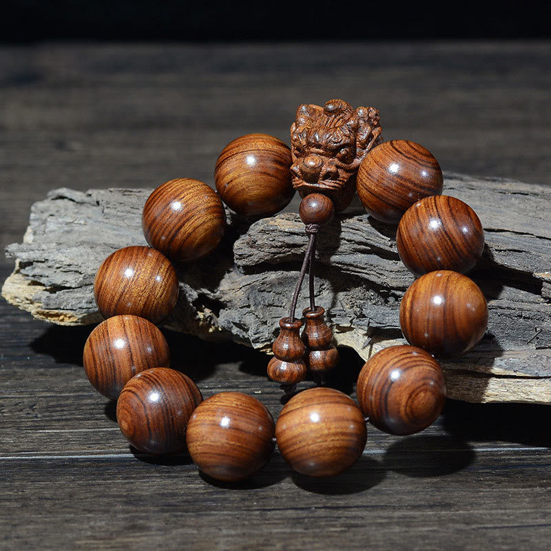 Wear FengShui Rosewood Green Sandalwood Small Leaf Red Sandalwood Dragon Carved Protection Bracelet