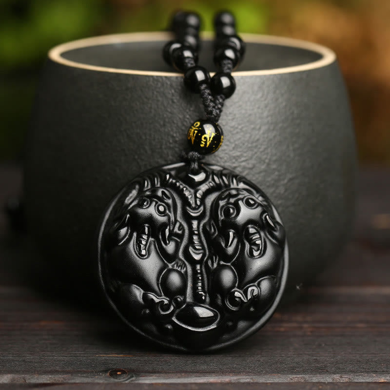 Wear FengShui Black Obsidian Double Pixiu Bead Rope Purification Necklace Pendant
