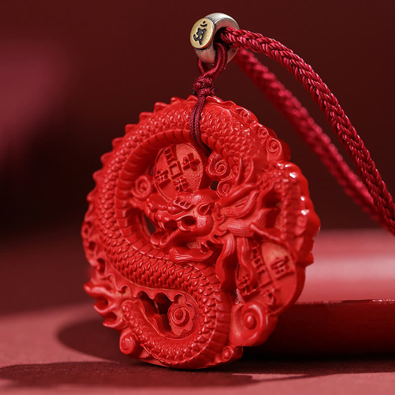 Wear FengShui Year of the Dragon 925 Sterling Silver Natural Cinnabar Copper Coin Luck Necklace Pendant
