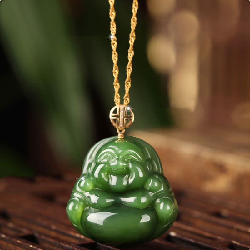 Wear FengShui 925 Sterling Silver Laughing Buddha Hetian Cyan Jade 18K Gold Success Necklace Chain Pendant
